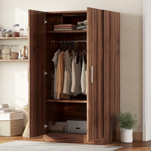 Wooden Wardrobe Closet with Shelves and Hanging Rail a7