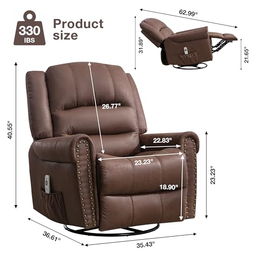 Leather Recliner Chair with Massage and Heating, Swivel Rocking Manual Recliner Brown k7