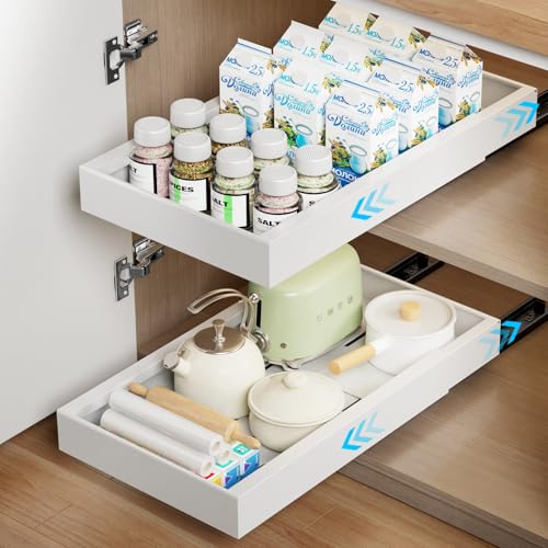 2 Pack Pull Out Cabinet Organizer, Expandable Depth(16.5"-21.8") Slide Out Drawer for Cabinets Adhesive Pull Out Drawers Heavy Duty Pull Out Shelves for Kitchen,Cupboard,Pantry,Bathroom-White