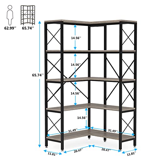 Modern 5-Tier Corner Bookshelf with Metal Frame Grey k7p