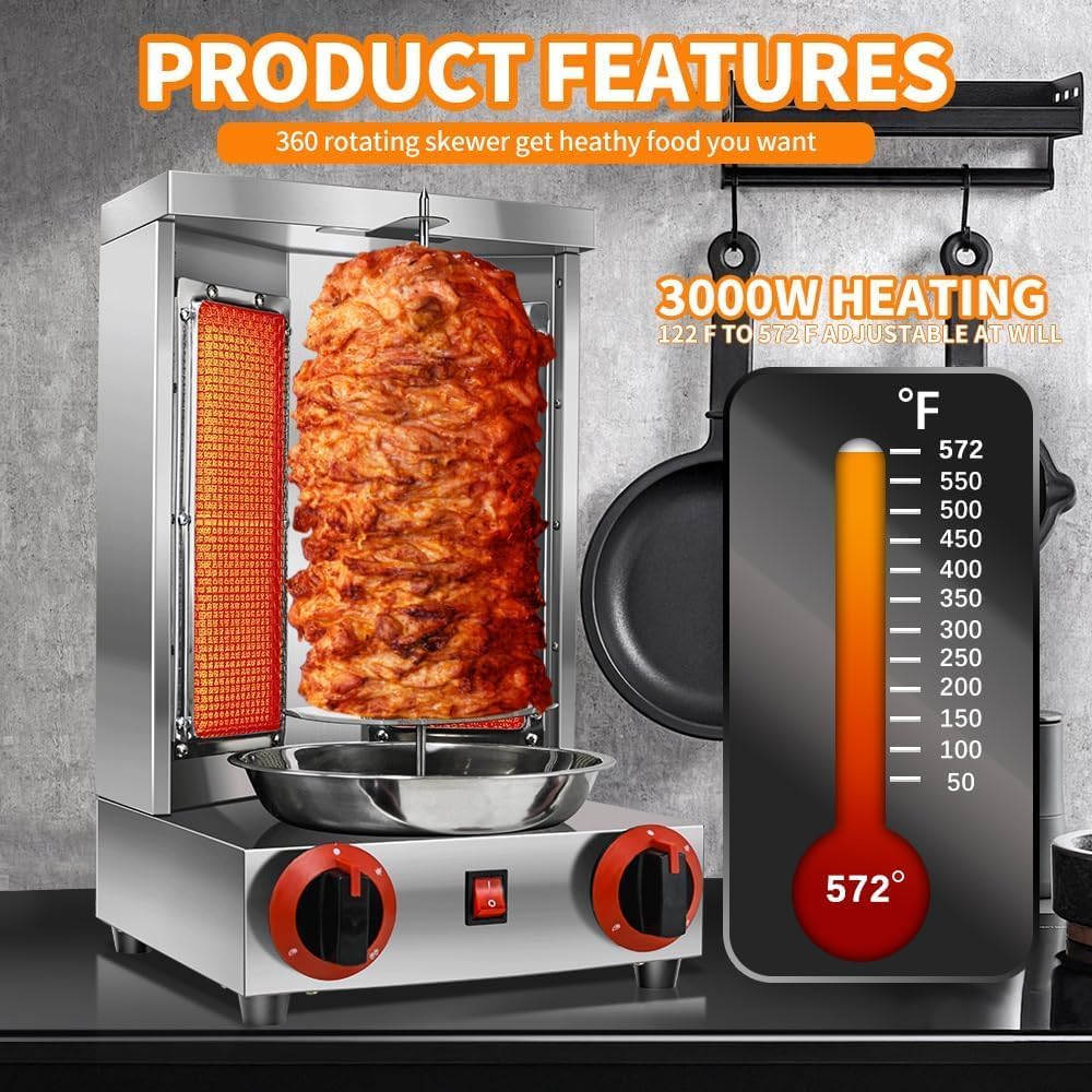 Shawarma Machine Gas Vertical Grill with 2 Burner and Meat Pan k7p