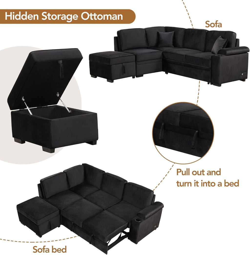 87.4'' Sleeper Sofa Bed 2 in 1 L Shape Couch with Storage Ottoman Black k7