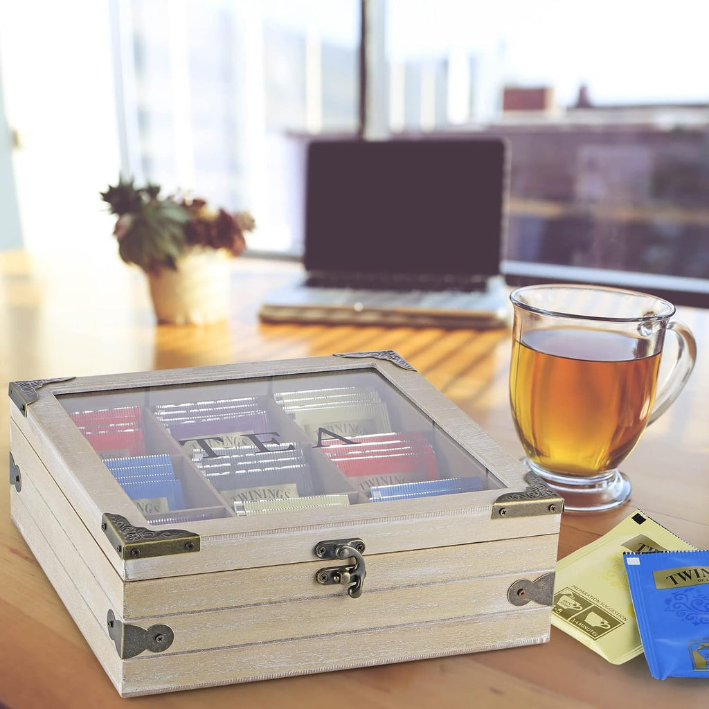 Tea Box Organizer with Glass Lid, 9 Compartments a7