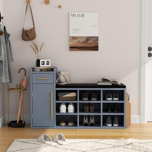 Shoe Storage Bench with 9 Cubbies and Cushion, White a7