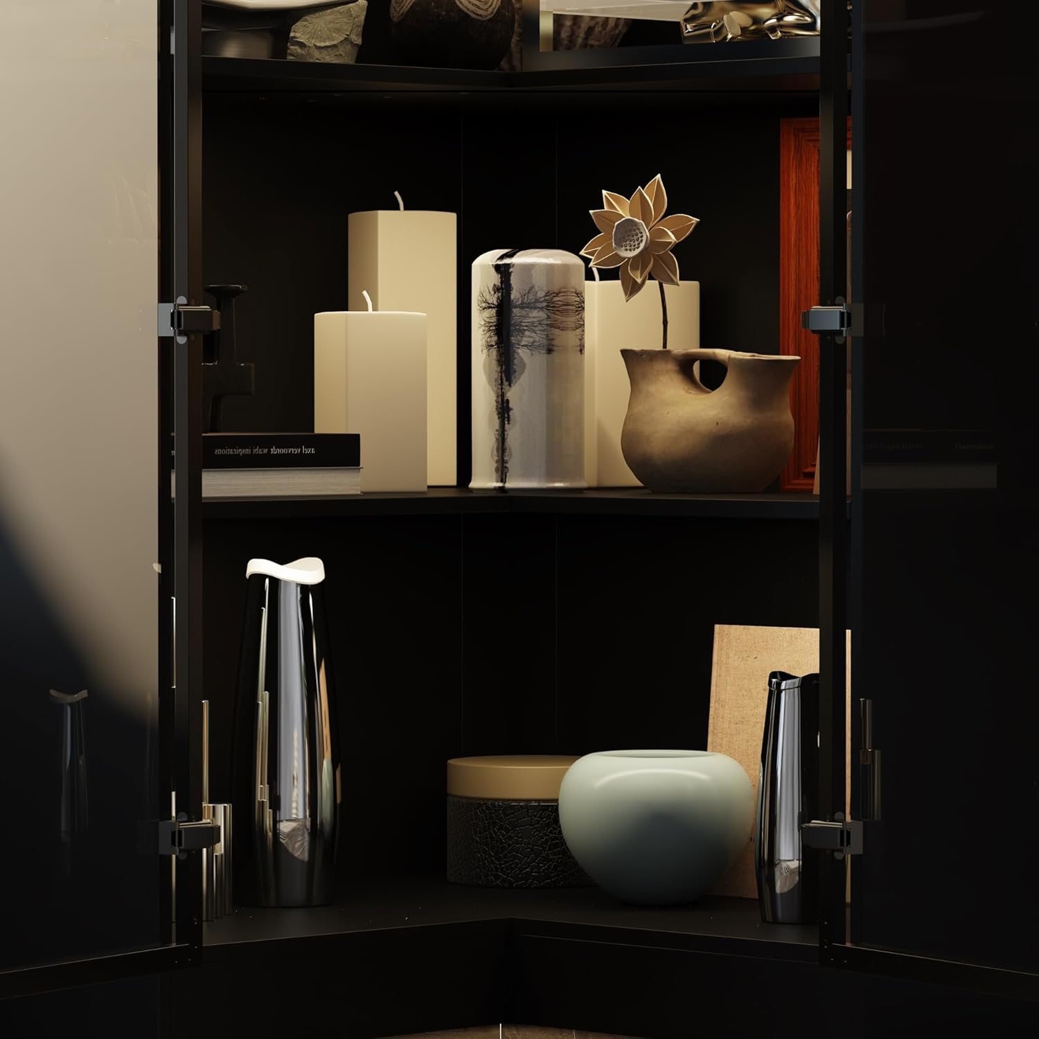 Corner Storage Cabinet with Glass Door and Light, 2 Doors 4 Shelves, Black 7k