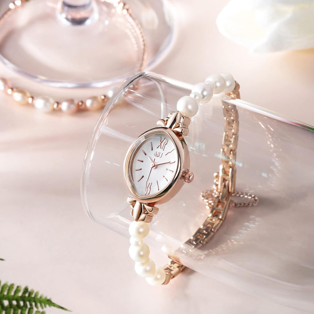 Natural Pearl Watch and Bracelet Set for Women Rose Gold Oval Dial k7m