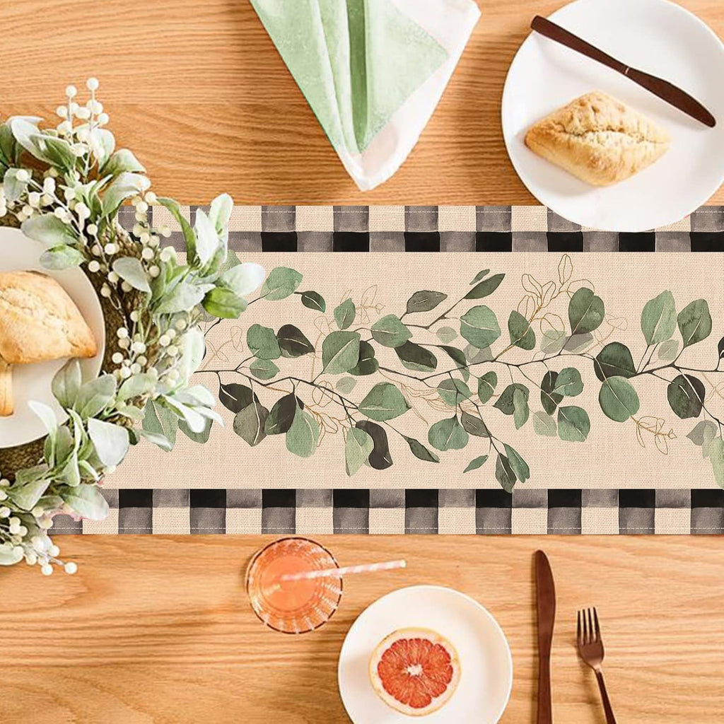 Eucalyptus Leaves Greenery Table Runner, Buffalo Plaid Check Decor 13x90 Inches k7