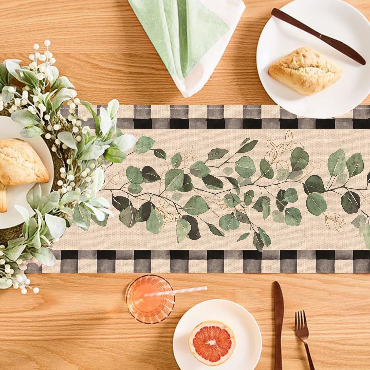 Eucalyptus Leaves Greenery Table Runner, Buffalo Plaid Check Decor 13x90 Inches k7