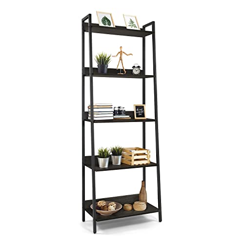 Fencer Wire 5 Tier Ladder Bookshelf, 24 Inch Width, Black Wooden Shelves a7