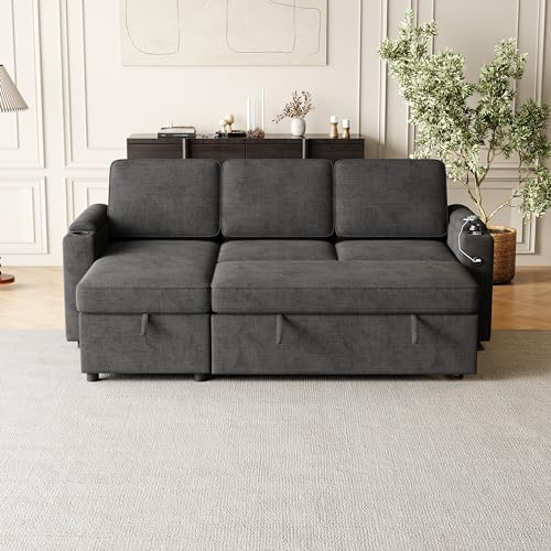 L-Shaped Sofa Bed with Chaise and Cup Holder, Dark Grey k7