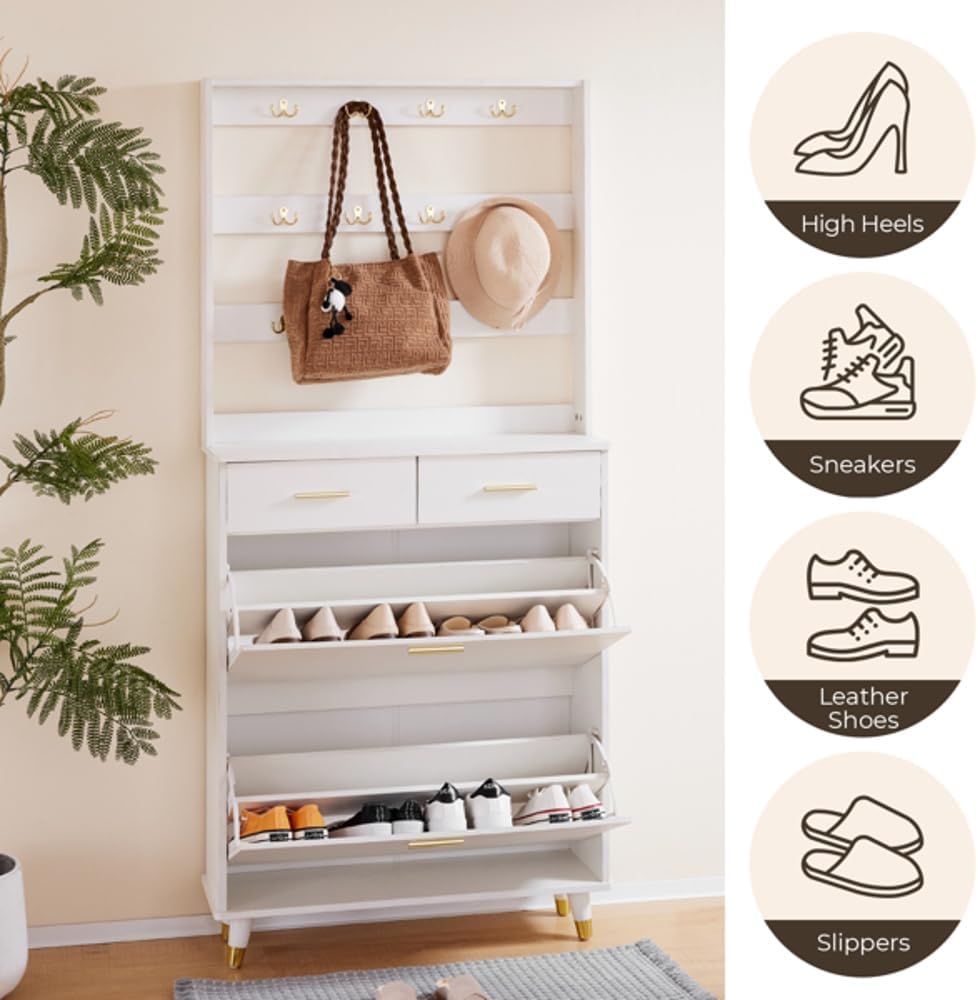 Multi-Functional Entryway Armoire with Drawers and Shoe Storage White k7
