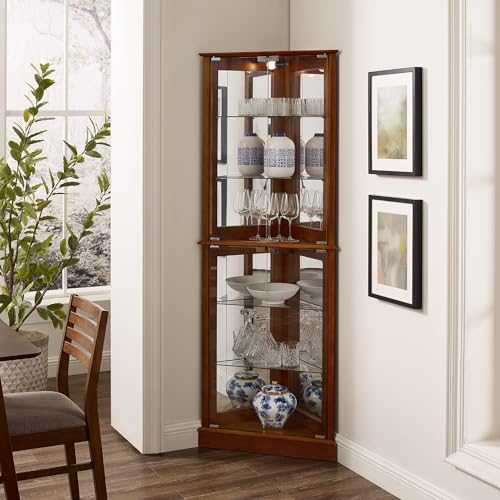 Corner Curio Cabinet with Lights, Glass Display, Walnut a7