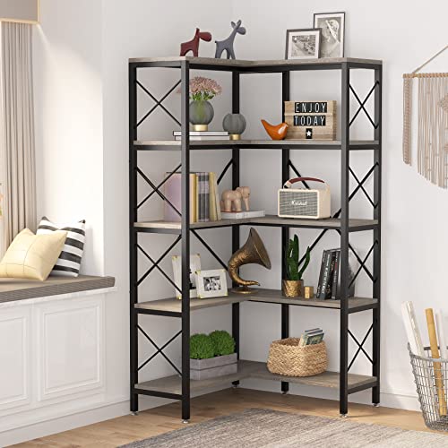 Modern 5-Tier Corner Bookshelf with Metal Frame Grey k7p