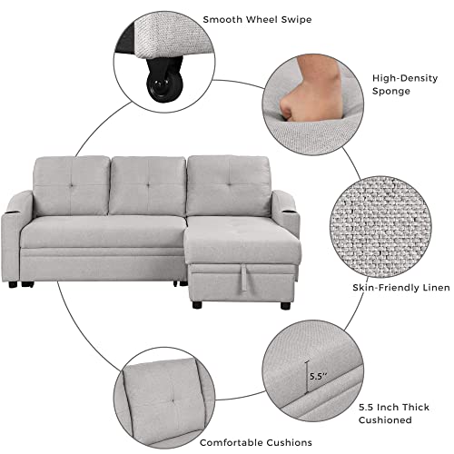 Pull Out Sofa Bed Linen Fabric 3 Seater with Storage Chaise k7p
