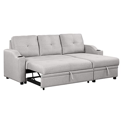 80.3" Pull Out Sofa Bed Modern Padded Upholstered Sofa Bed, Linen Fabric 3 Seater Couch with Storage Chaise and Cup Holder, Small Couch for Small Spaces Living Room Sectionals
