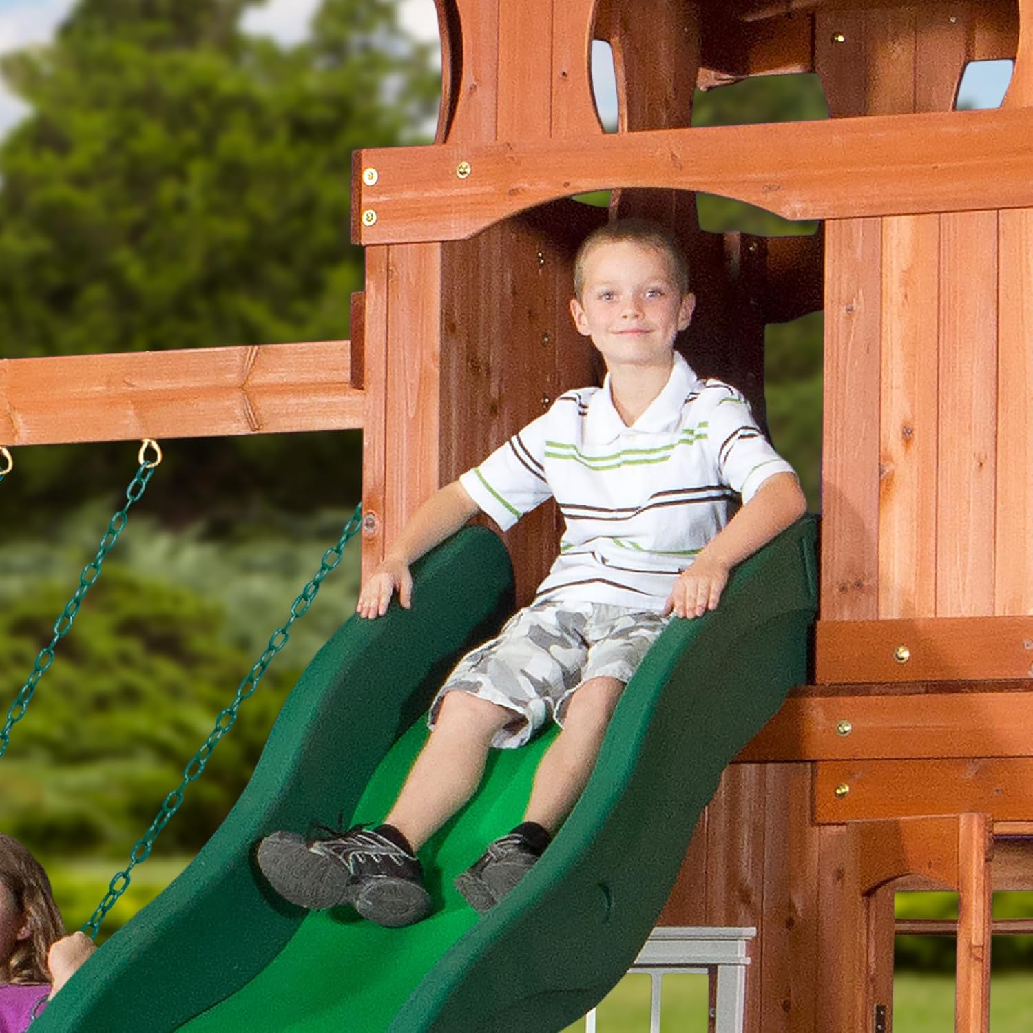 Cedar Wooden Playset Swing Set with Wave Slide and Playhouse k7m