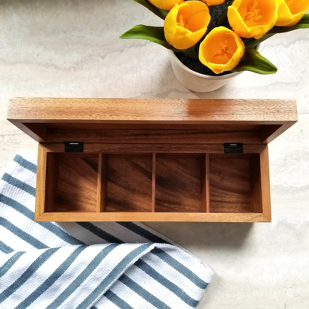 Acacia Wood Tea Box with 4 Sections 8x