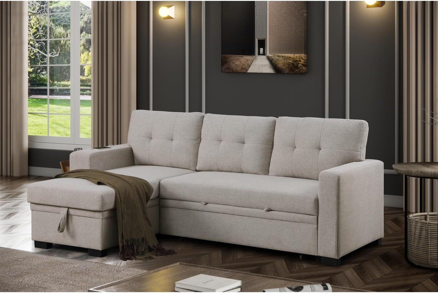 Modern L-Shaped Sleeper Sectional Sofa Bed Light Gray k7
