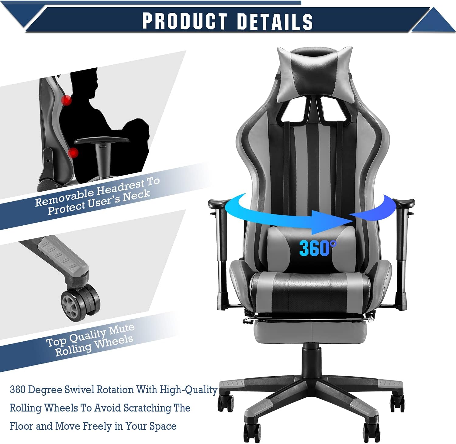 Gaming Chair with Footrest Adjustable Height Headrest Lumbar Pillow k7