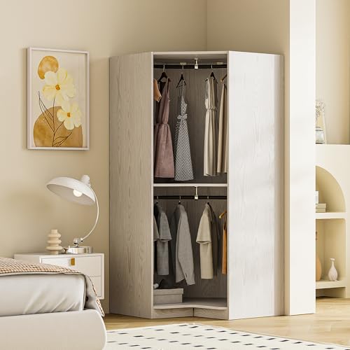 LZ LEISURE ZONE Polygon Corner Wardrobe Closet, Space-Saving Design Armoire Wardrobe Closet with Hanging Rods, Wooden Corner Wardrobe Cabinet Bedroom Closet Cabinet for Hanging Clothes, Gray