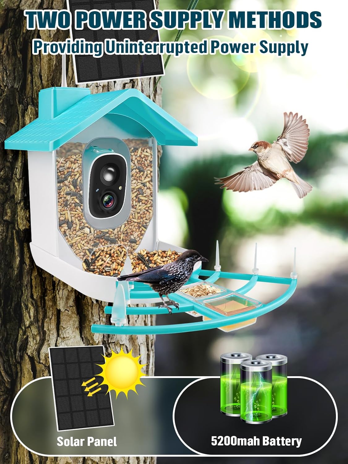 Bird Feeder with Camera Solar Powered 1080P HD Video AI Identify k7m