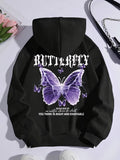 Women's Black Butterfly &amp; Slogan Print Thermal-Lined Hoodie - Motivational "Never Give Up" Graphic, Kangaroo Pocket, Drawstring Hood, Casual Streetwear, Machine Washable, Butterfly Hoodie