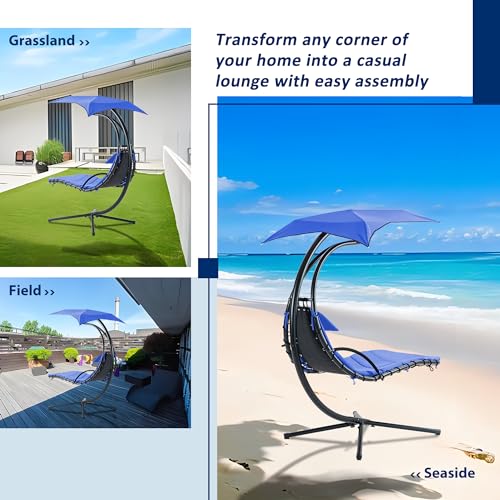 Hanging Chaise Lounger with Canopy and Cushion Outdoor Hammock Swing Chair a7