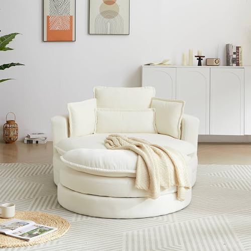 Modern Barrel Swivel Chair with Storage Ottoman and Pillows White A7k