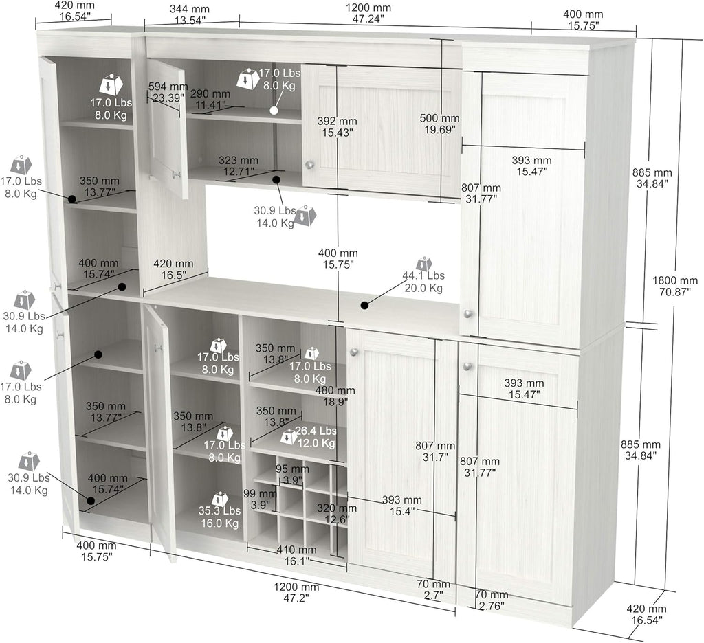 Shaker Style 4-Piece Buffet Storage System with 2 Tall Slim Cabinets, Washed Oak k7