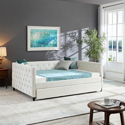 Velvet Tufted Twin Daybed with Trundle Beige k7
