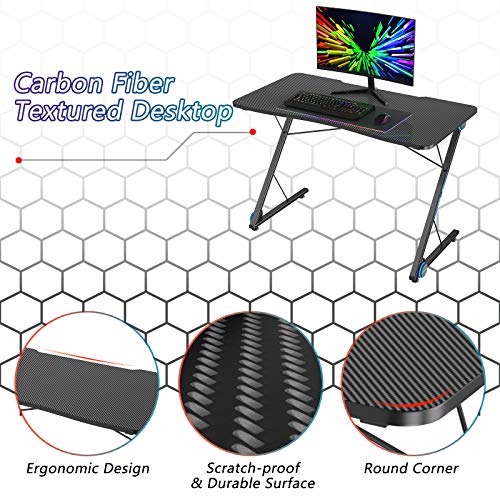 Gaming Computer Desk with LED Lights and Carbon Fiber Surface 7k