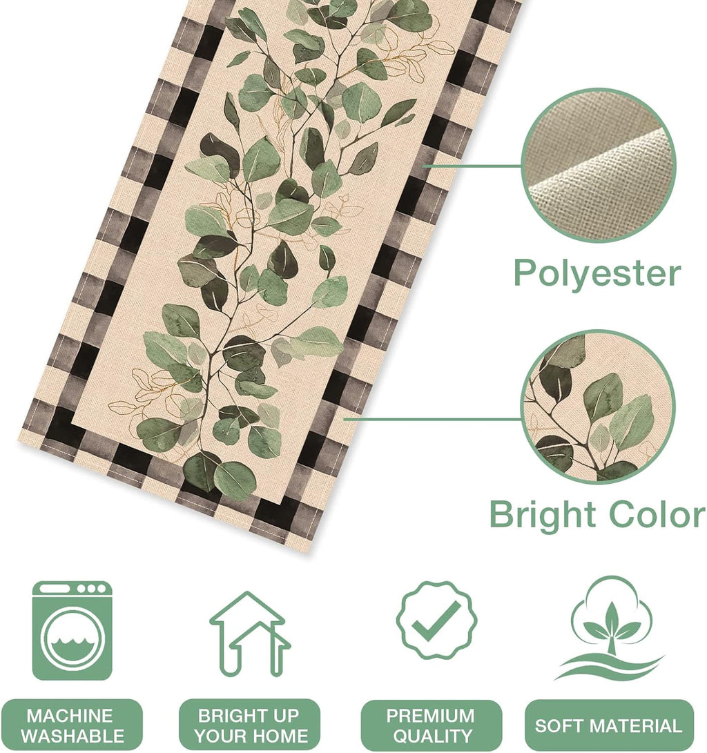 Eucalyptus Leaves Greenery Table Runner, Buffalo Plaid Check Decor 13x90 Inches k7