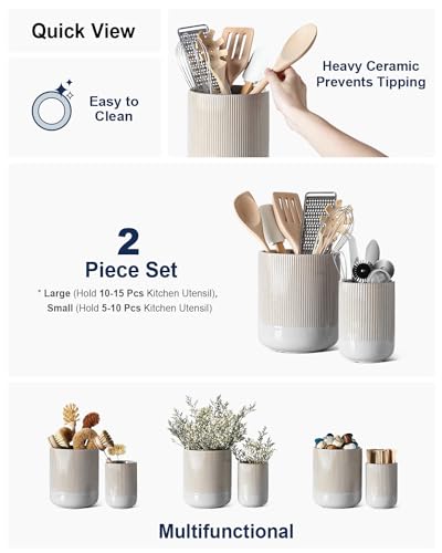 Ceramic Utensil Holder for Countertop, Set of 2, Marble Gray q7