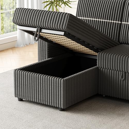 L-Shaped Sleeper Sectional Sofa Bed with Storage Chaise, Corduroy Brown a7