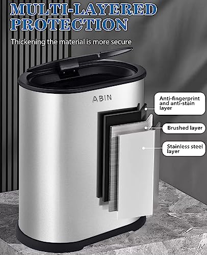 Bathroom Trash Can with Press Top Lid, Stainless Steel Narrow Bin k7m
