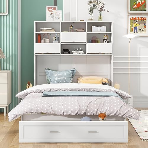 Queen Size Murphy Bed with Bookcase and Drawer White q7