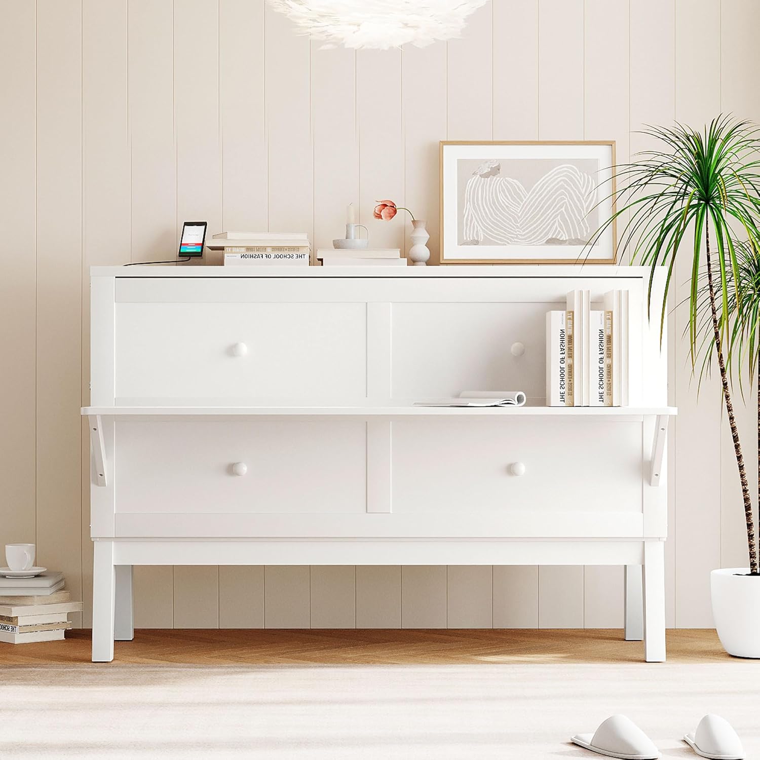 White Wooden Murphy Bed with Desk and Charging Station a7