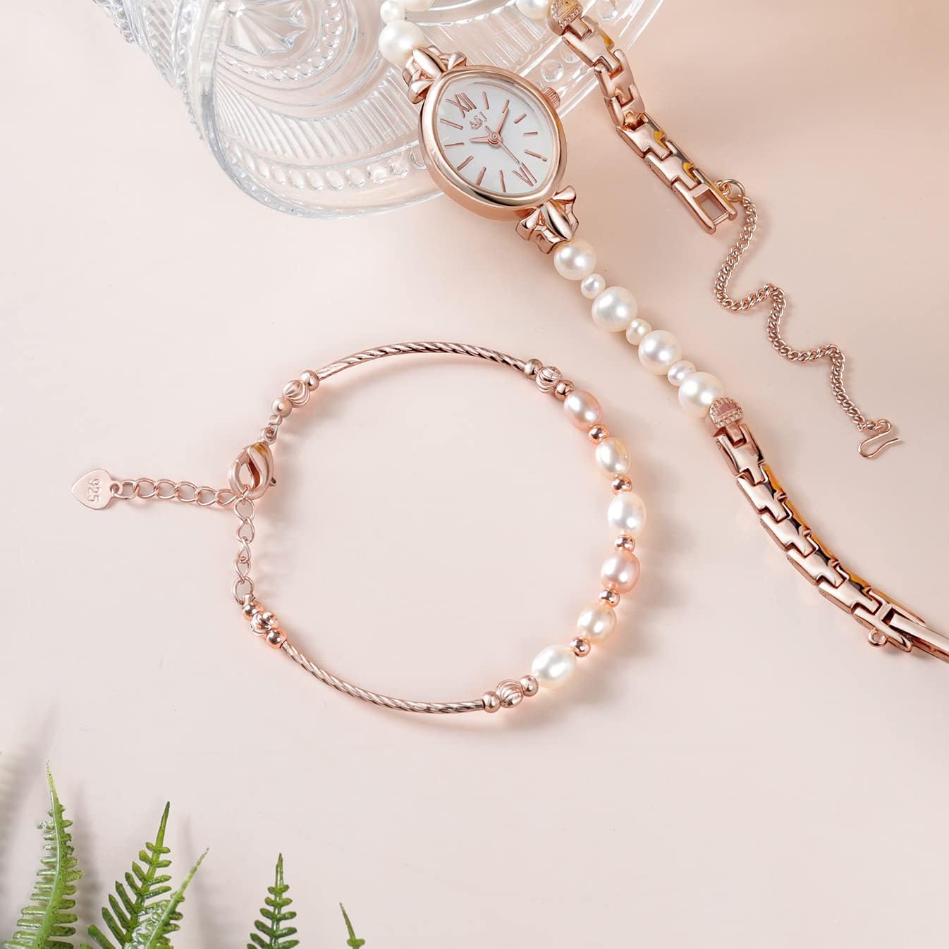 Natural Pearl Watch and Bracelet Set for Women Rose Gold Oval Dial k7m