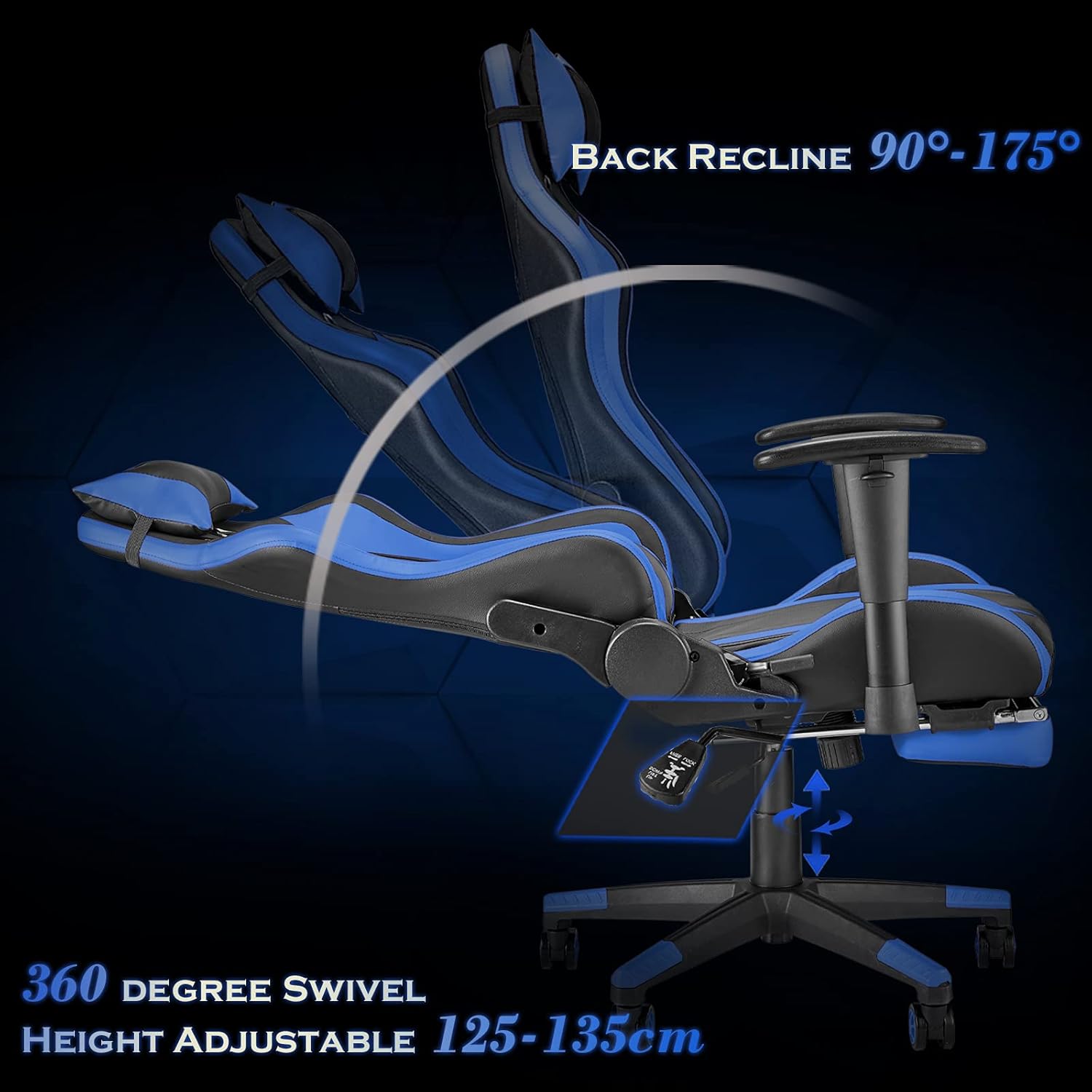 Ergonomic Gaming Chair with Footrest and Adjustable Headrest Lumbar Pillow Reddish Blue k7m