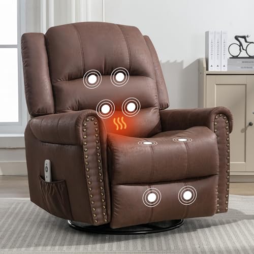 Leather Recliner Chair with Massage and Heating, Swivel Rocking Manual Recliner Brown k7