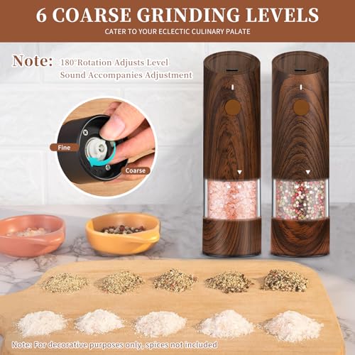 Salt and Pepper Grinder Set Automatic Refillable 6 Adjustable Ceramic Core LED Light 2 Pack Wood Grain k7
