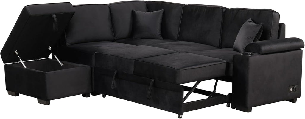 87.4'' Sleeper Sofa Bed 2 in 1 L Shape Couch with Storage Ottoman Black k7