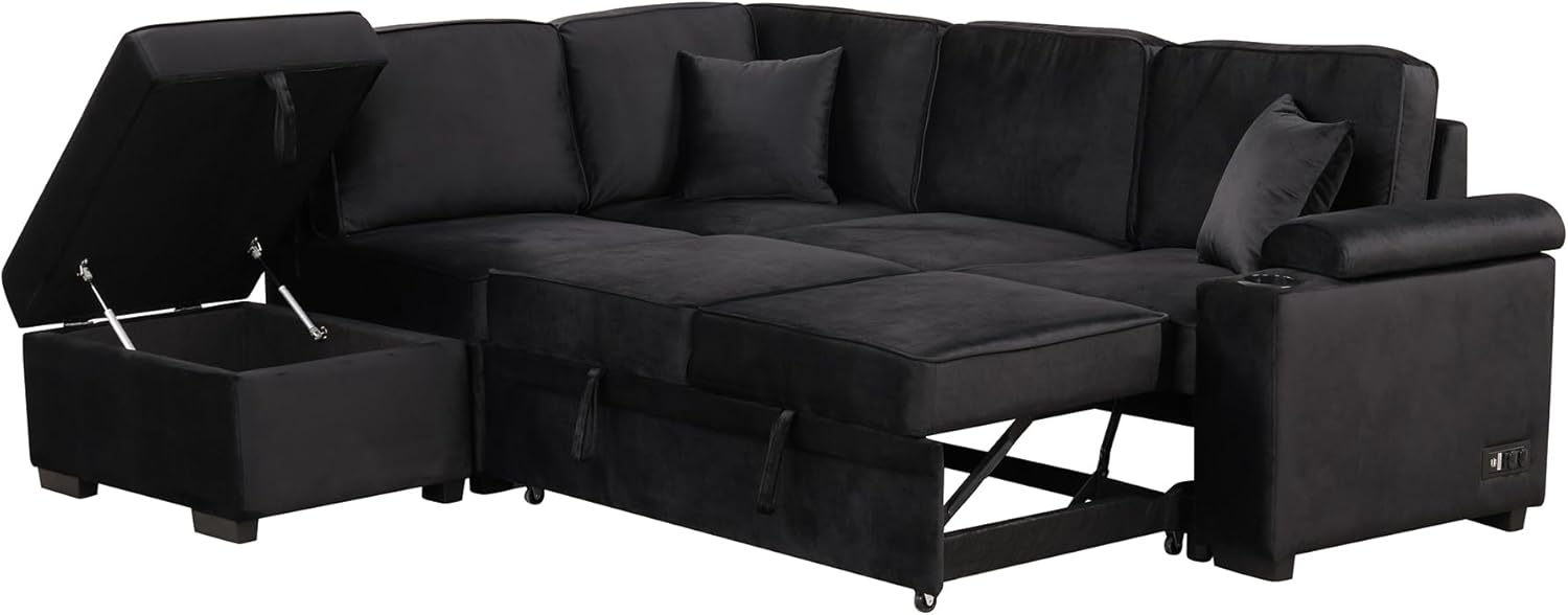 87.4'' Sleeper Sofa Bed 2 in 1 L Shape Couch with Storage Ottoman Black k7