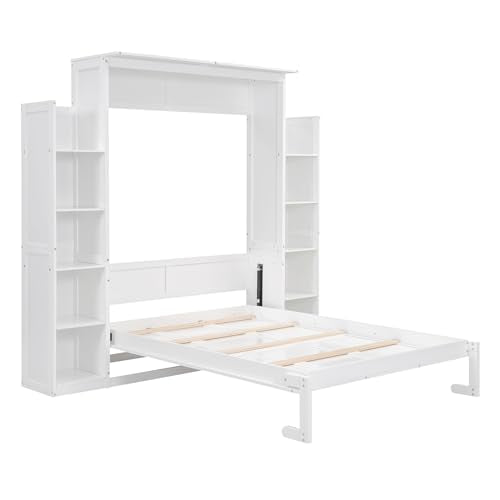 Murphy Bed Wall Bed with Shelves and LED Lights, Foldable Wood Cabinet White q7