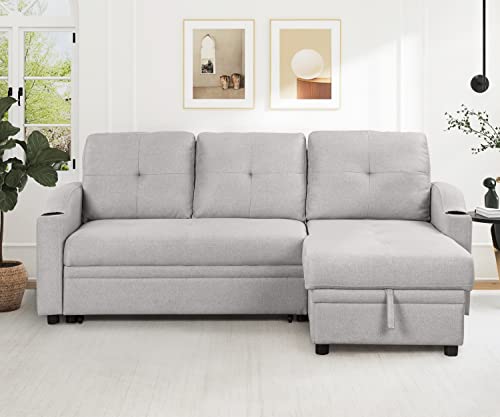 Pull Out Sofa Bed Linen Fabric 3 Seater with Storage Chaise k7p