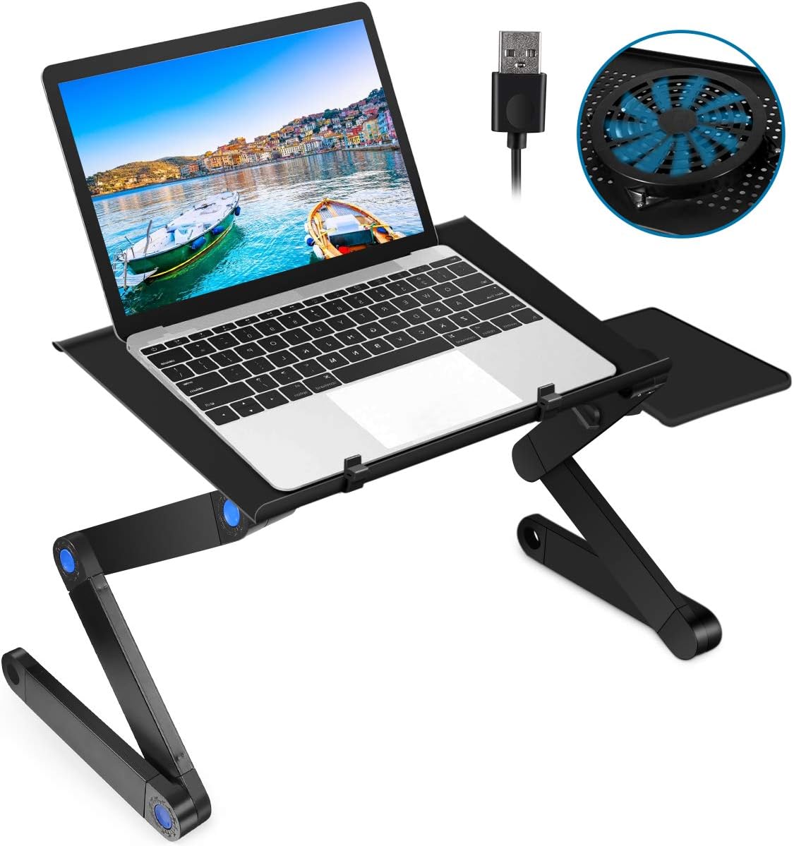 Laptop Desk for Bed, 2020 Upgraded Foldable Aluminum Adjustable Laptop Stand with Large Cooling Fan & Mouse Pad for Bed, Sofa & Couch Lap Tray