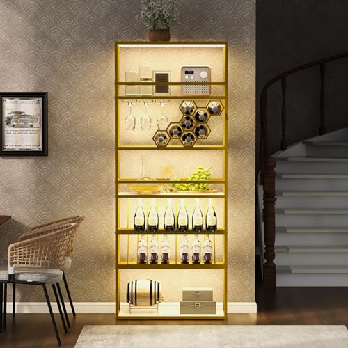 Wine Rack with LED Lights, 6 Tier Freestanding, Glass Holder a7