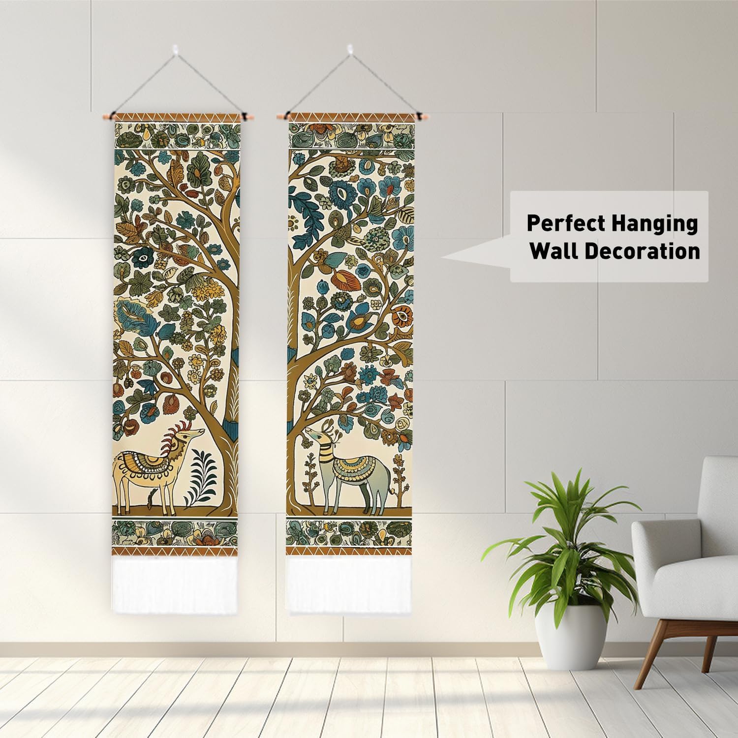 Deer and Tree Tapestry with Tassels for Bedroom Wall Hanging k7m