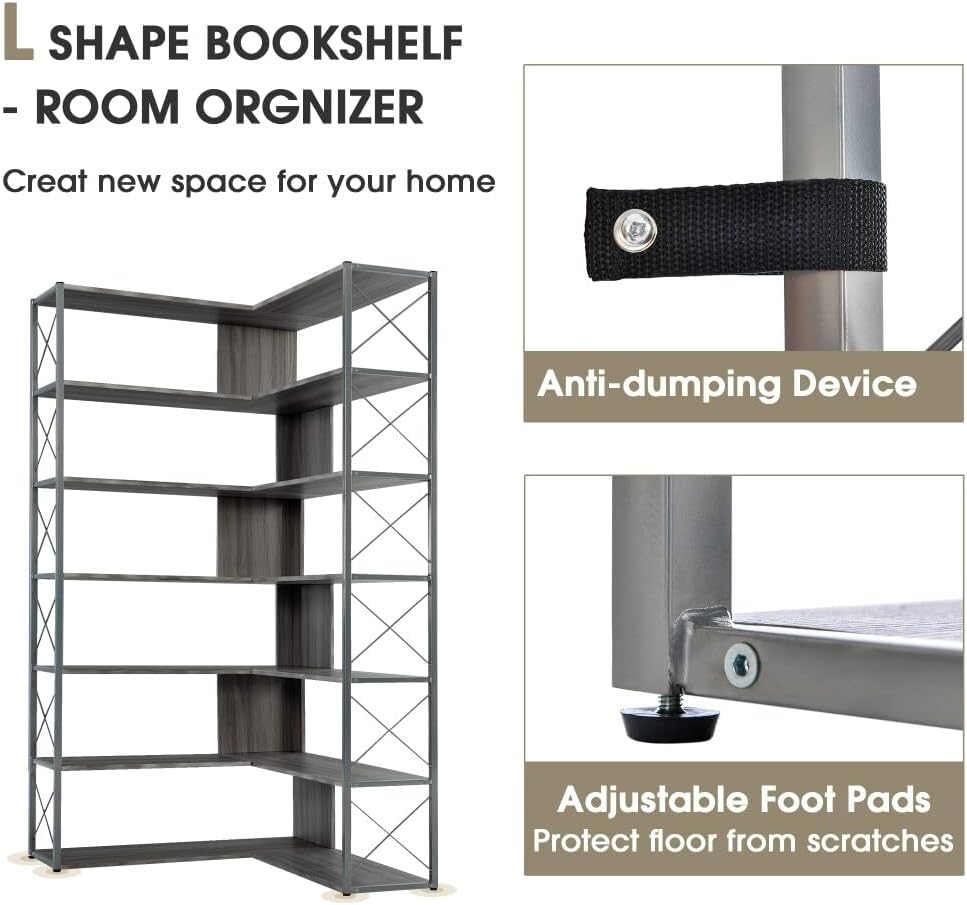 Industrial Corner Bookcase Bookshelf Silver MDF k7
