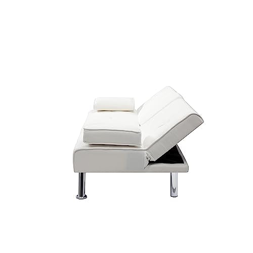Synthetic Leather Convertible Futon Sofa Bed with Cup Holders Beige k7